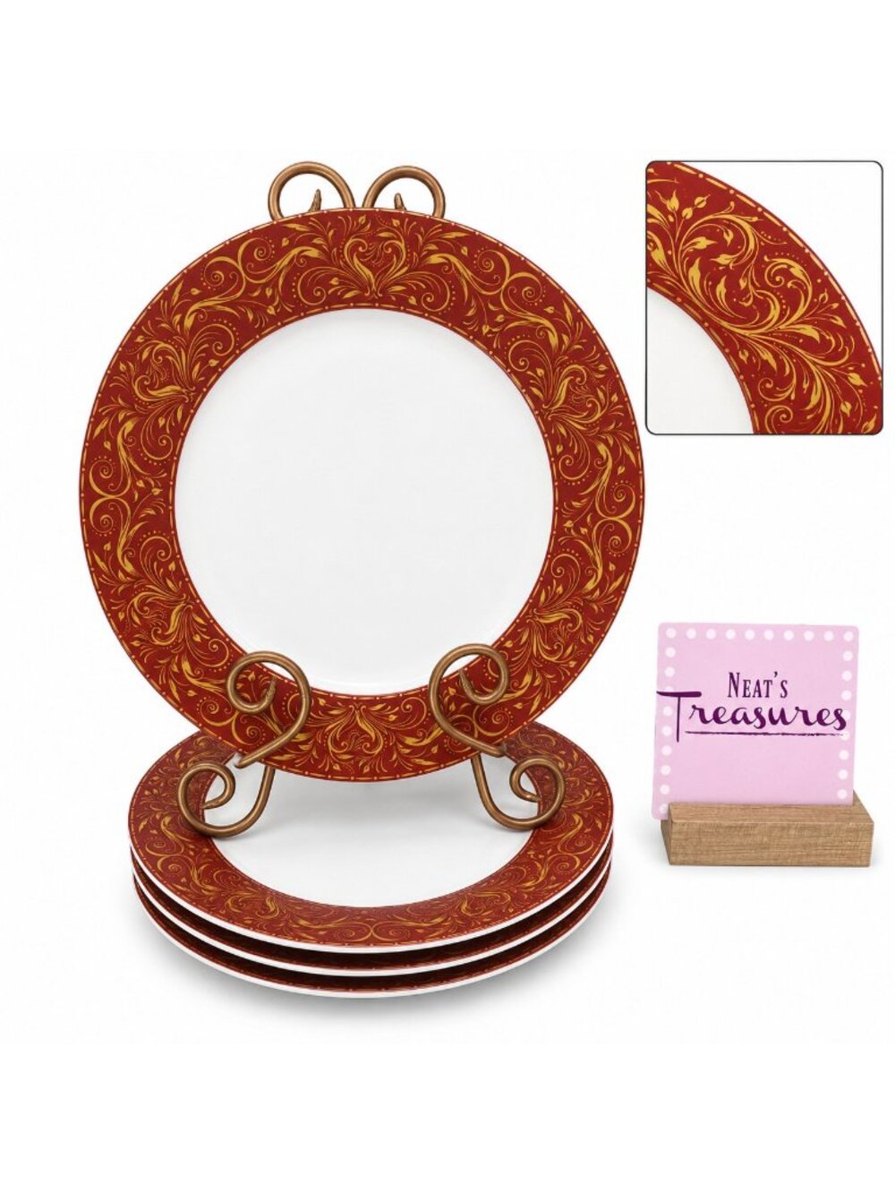 JC Penny Chris Madden MONTALIRA RED Gold Design Porcelain Dinner Plate Set 4